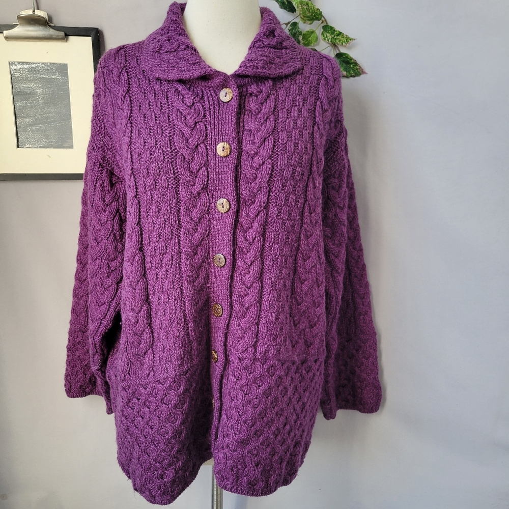 Aran Sweater Market Ireland Merino Wool Cable Knit Cardigan Sweater Purple L